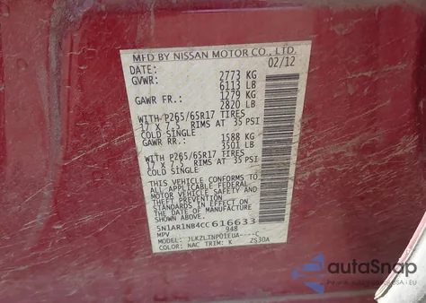 2012 Nissan Pathfinder Sv z USA, uszkodzony, nr VIN 5N1AR1NB4CC616633